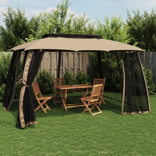 Gazebo with Double Roof&Mesh Walls Taupe 3.93x2.93 m Steel
