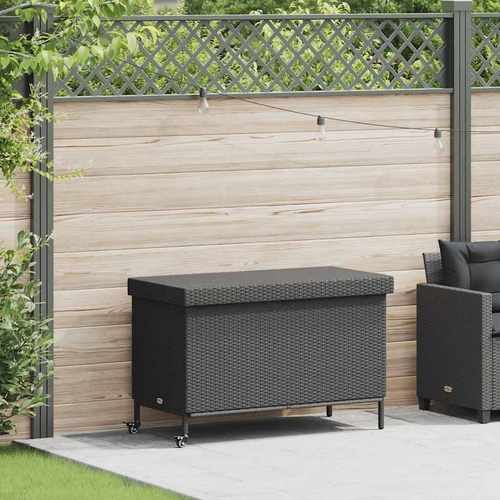 Garden Storage Box with Wheels Black 110x55x73 cm Poly Rattan