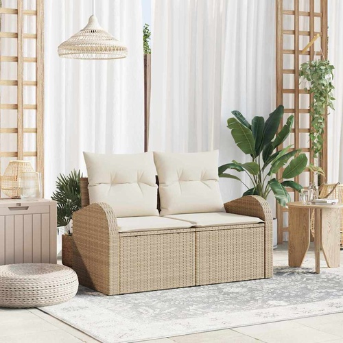 2-Seater Garden Sofa with Storage & Cushions Beige Poly Rattan