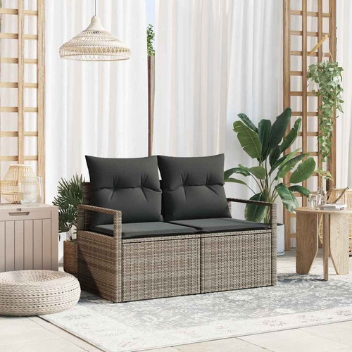 2-Seater Garden Sofa with Storage & Cushions Grey Poly Rattan