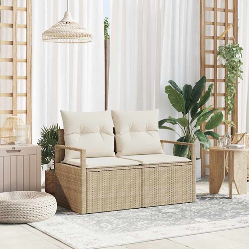 2-Seater Garden Sofa with Storage and Cushions in Beige Poly Rattan