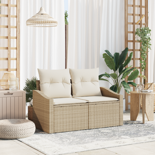 2-Seater Garden Sofa with Storage & Cushions in Beige Poly Rattan