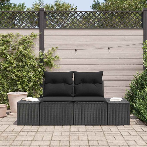 2-Seater Garden Couch with Storage & Cushions Black Poly Rattan