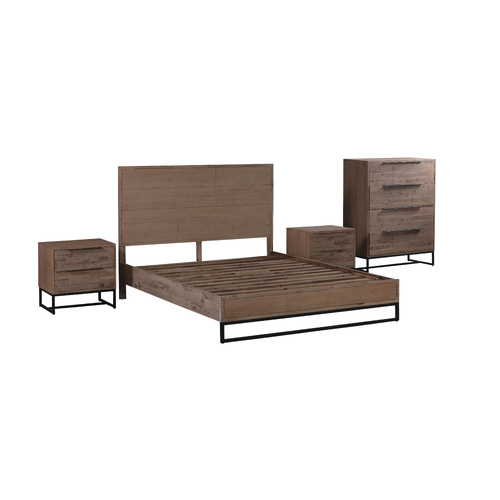 4 Pieces Bedroom Suite made in Solid Wood Acacia Veneered King Size Oak Colour Bed, Bedside Table & Tallboy