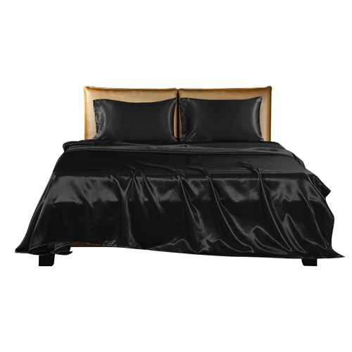 Silky Satin Sheets Fitted Flat Queen Black - Model-0CA3B3