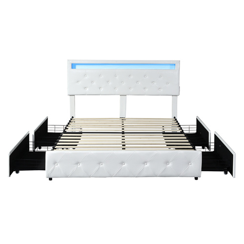 Double Bed Frame RGB LED PU 4 Drawer USB - Model-1530F2