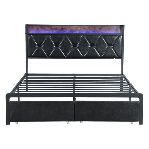 Queen Metal Bed Frame LED Lights 2 Drawers - Model-A7B695