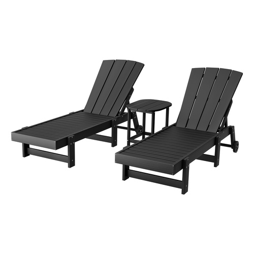 Gardeon Sun Lounge Lounger Table and Chairs Beach Chair HDPE Patio Outdoor Furniture Wheels Black