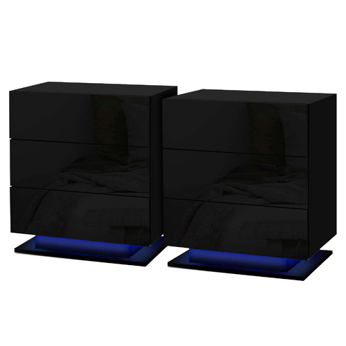Artiss 2x Bedside Table LED 3 Drawers - MORI Black