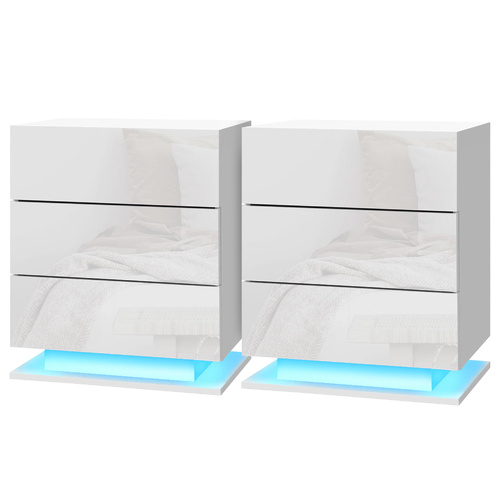 Artiss 2x Bedside Table LED 3 Drawers - MORI White