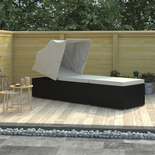 Sun Lounger with Canopy and Cushion Poly Rattan