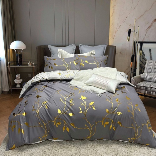 Reversible Design Leaves Grey Bed Quilt/Doona/Duvet Cover Set