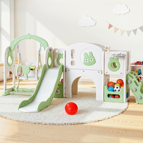 Keezi Kids Slide Swing Set Basketball Hoop Ring Football Outdoor Toys 140cm Green