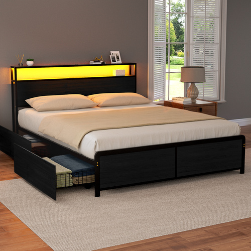 Artiss Metal Bed Frame Queen Size Storage Headboard Charge Station LED 4 Drawers