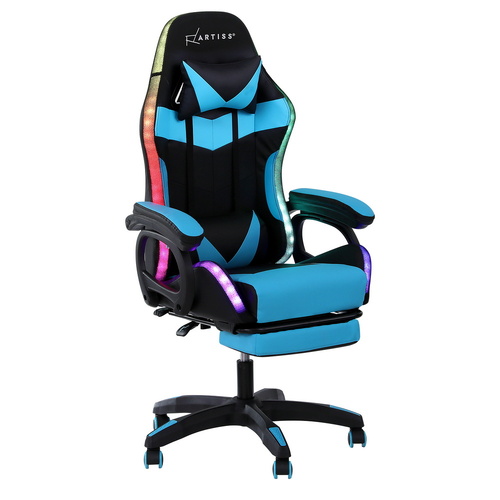 Artiss Gaming Office Chair 12 RGB LED Massage Computer Work Seat Footrest Cyan