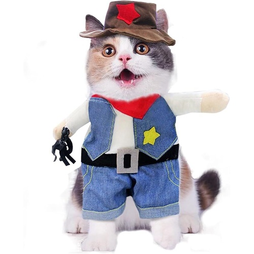 pet products Small Dog Cowboy Costume with Hat 2pcs Funny Halloween Chucky Costumes Cool West Cowboy Uniform Puppy Denim Overalls Western Cosplay Sher