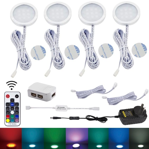 RGB Color Changing LED Under Cabinet Lighting Kit 4 Packs Aluminum Slim Cabinet LED Puck Lights for Kitchen Counter Wardrobe Counter Furniture Shelf A