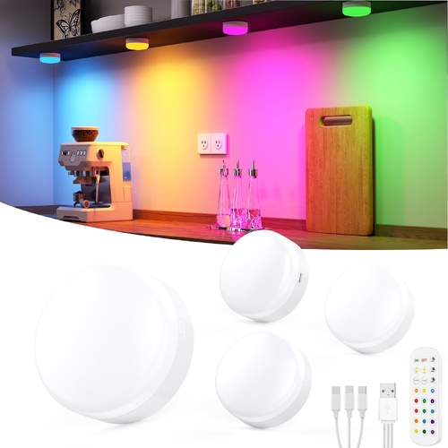 Puck Lights with Remote Control, 4-Pack Wireless Stick On Lights for Under Cabinet, Closet, Bedroom, Staircase & Bookshelf, 3000mAh Battery Operated C