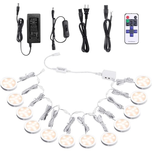 Linkable Under Cabinet LED Lighting 12V Dimmable Puck Lights with Wireless RF Remote Control, Hardwired & Wall Plug in for Kitchen Mood Lighting,Warm 