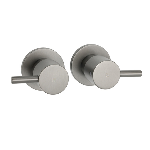Gun Metal Grey Brass 1/4 Turn Round Hot Cold Tap Wall Set For Shower Vanity Spout