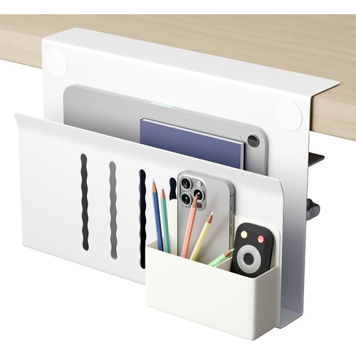 Under Desk Side Laptop Holder Storage with No Drill Cable Management Tray and Pen Storage for Office and Home