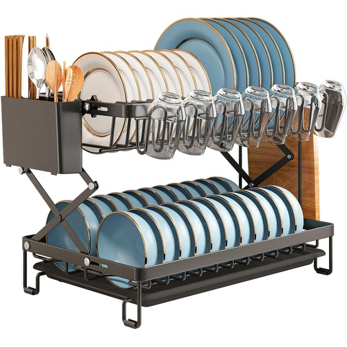 CARLA HOME 2-Tier Dish Drying Rack with Drainage Tray, Utensil Holder, Cup Hooks & Cutting Board Rack for Kitchen (Black)