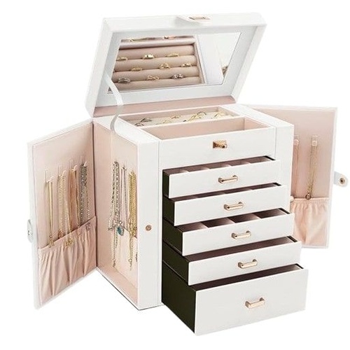 CARLA HOME 6-Layer Large Jewelry Box for Women withDrawers, Mirror, Lock, Necklace Hooks & Side Compartments for Rings, Earrings, Bracelets, Gifts (Wh