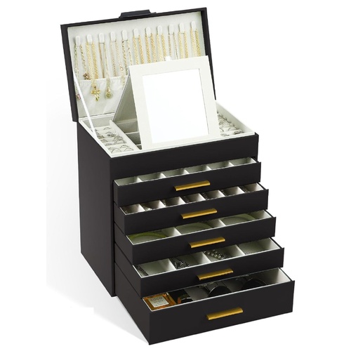 CARLA HOME  6-Layer Large Jewelry Organizer Box for Women with Mirror, Drawers, Hooks & Dividers for Rings, Necklaces, Bracelets, Ideal Gift for Women