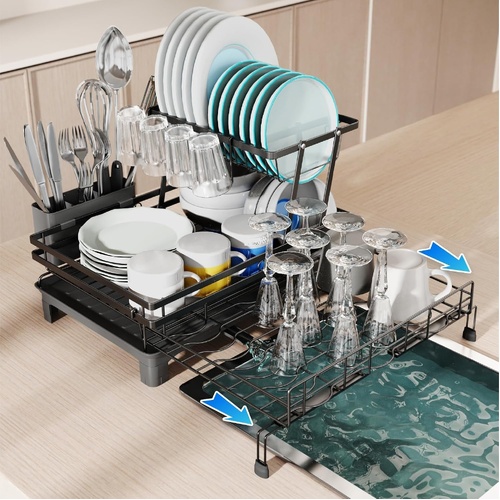 CARLA HOME Expandable Dish Drying Rack with Drainage Spout, Utensil Holder & Drainboardfor Kitchen Countertop Organizer (2 tier)