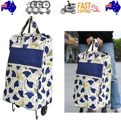 Shopping Trolley Cart Bag Foldable Wheels Carts Bags Market Luggage Basket blue leaves