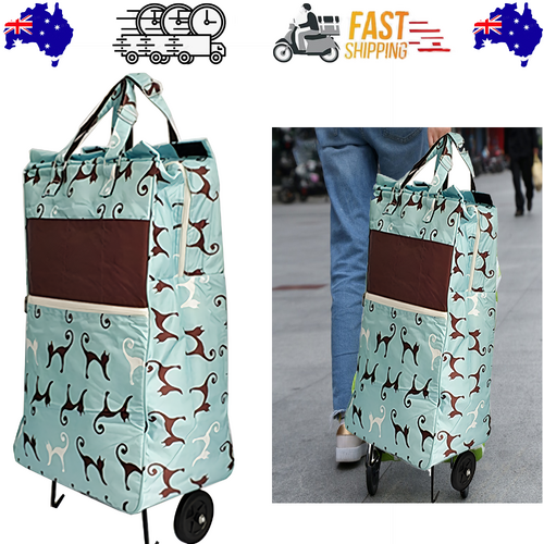Shopping Trolley Cart Bag Foldable Wheels Carts Bags Market Luggage Basket sky blue cat