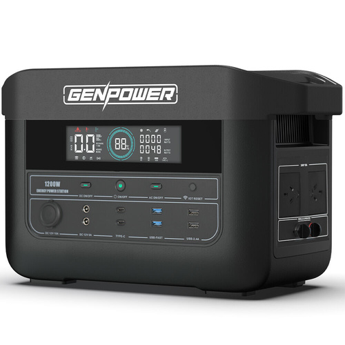 GENPOWER 1200W Portable Lithium Power Station 1075Wh LiFePo4, Multiple Voltage Output, 15W Wireless Charger, Ideal for Camping, Home Backup and Power 