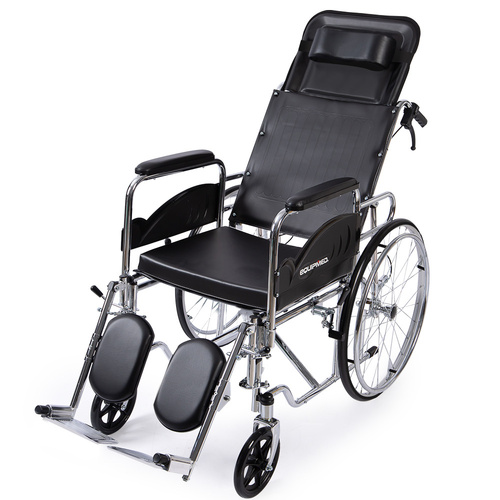 Equipmed Folding Manual Reclining Wheelchair Self Propelled, 24" Rear Wheels, Chrome Steel Frame, 46cm Wide Seat, 100kg Capacity, Park Brakes