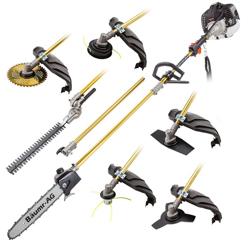 BAUMR-AG 65cc 7in1 Long Reach Garden Multi-tool, Pole Saw, Hedge & Line Trimmer, Brush Cutter, 12" Tree Trimming Pruning Chainsaw Bar, 2 Extension Sha