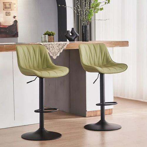 SERENITà AVO Green Modern Height Adjustable Swivel Bar Stools Upholstered Leather Barstool Kitchen Island Chairs with Metal Frame (Set of 2)