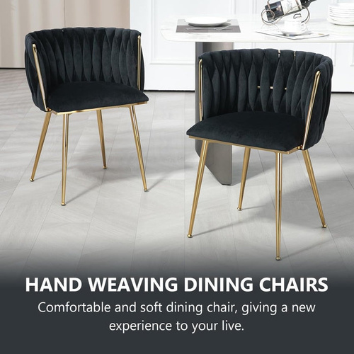 SERENITà Black Modern Hand Weaving Dining Chairs,Velvet Upholstered Side Chairs with Gold Legs, Chic Vanity Chairs with Armrest, Accent Chair for Dini
