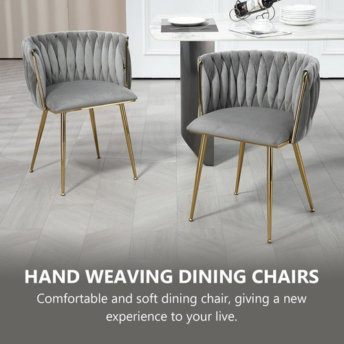 SERENITà Grey Modern Hand Weaving Dining Chairs,Velvet Upholstered Side Chairs with Gold Legs, Chic Vanity Chairs with Armrest, Accent Chair for Dinin