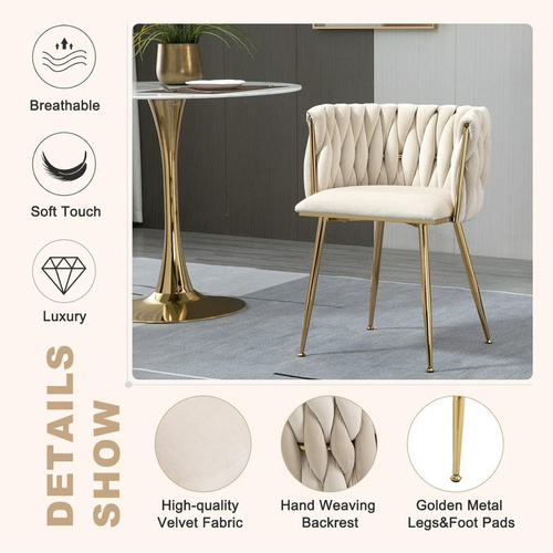 SERENITà Ivory Modern Hand Weaving Dining Chairs,Velvet Upholstered Side Chairs with Gold Legs, Chic Vanity Chairs with Armrest, Accent Chair for Dini