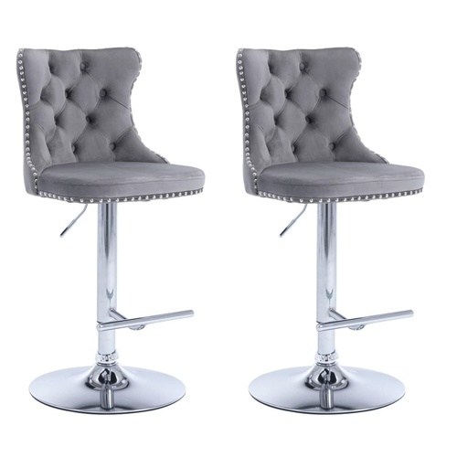 SERENITà Gray Velvet Bar Stools Adjustable Swivel Counter Height Chairs with Tufted Back and Nailhead Trim for Kitchen Island Pub Restaurant (2Pcs, Ch