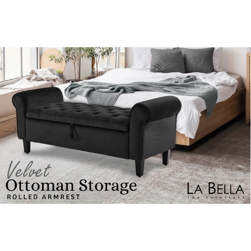 Storage Ottoman Stool Arm Bench Seat 132cm Velvet BLACK