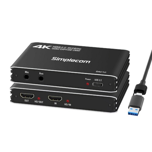 Simplecom DAC10 HDMI 2.0 to USB 4K@60hz Video Capture Card Stream and Record in 4K 60FPS