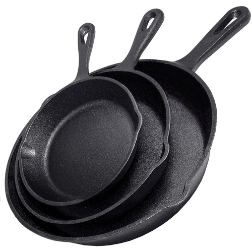 Cast Iron Skillet Cookware 3-Piece Set Chef Quality Pre-Seasoned Pan 10" 8" 6" Pans