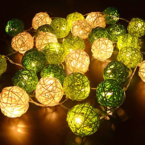 1 Set of Green n White 5cm Rattan Cane 20 Ball Battery Powered 3m String Lights Christmas Gift Home Wedding Party Bedroom Decoration Table Centrepiece