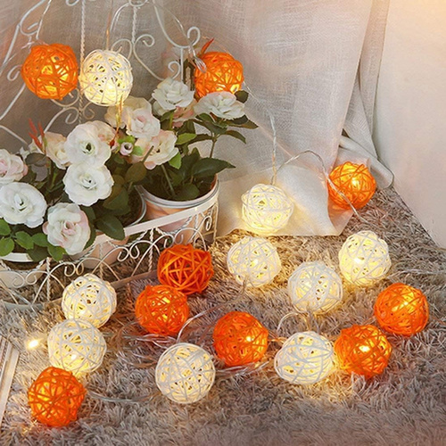 1 Set of Orange n White 5cm Rattan Cane 20 Ball Battery Powered 3m String Lights Christmas Gift Home Wedding Party Bedroom Decoration Table Centrepiec