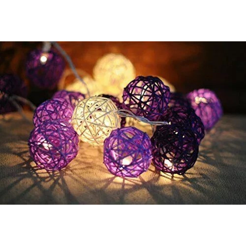 1 Set of Purple n White 5cm Rattan Cane 20 Ball Battery Powered 3m String Lights Christmas Gift Home Wedding Party Bedroom Decoration Table Centrepiec