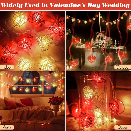 20 Red and White 3D Hollowed Rattan Heart-Shaped 3M String Fairy Lights, Battery (AA) Indoor & Outdoor Decorations Wedding Valentines Romantic Room Ta