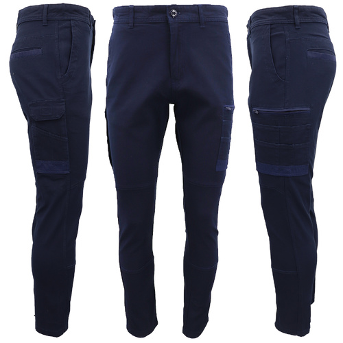 Men's Cotton Drill Cargo Work Pants UPF 50+ 13 Pockets Tradies Workwear Trousers, Navy, 32