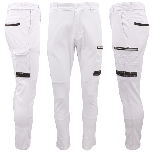 Men's Cotton Drill Cargo Work Pants UPF 50+ 13 Pockets Tradies Workwear Trousers, White, 34