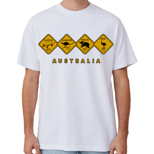 Adult Unisex 100% Cotton T Shirt Australia Wildlife Road Sign Souvenir Tee Tops, White, XL