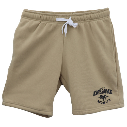Men's Fleece Shorts Casual Sports Sweat Pants w Elastic Waist Drawstring Pockets, Beige, S